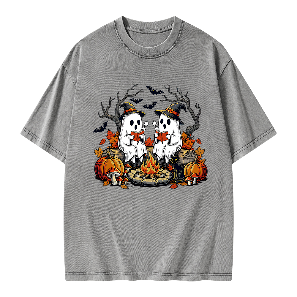 Pagewings Bookish Ghost Halloween Fall Camping  Unisex Washed T-shirt