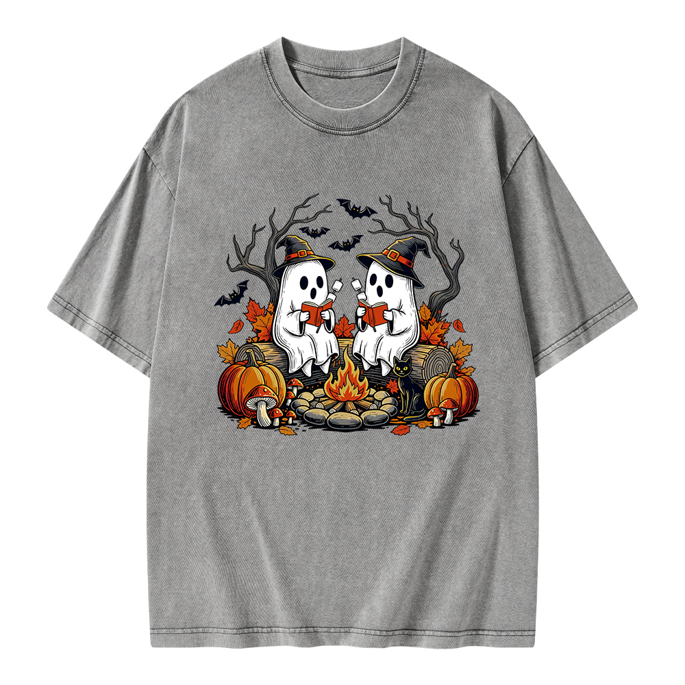 Pagewings Bookish Ghost Halloween Fall Camping  Unisex Washed T-shirt