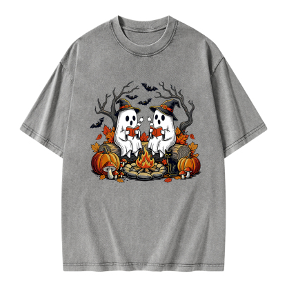 Pagewings Bookish Ghost Halloween Fall Camping  Unisex Washed T-shirt