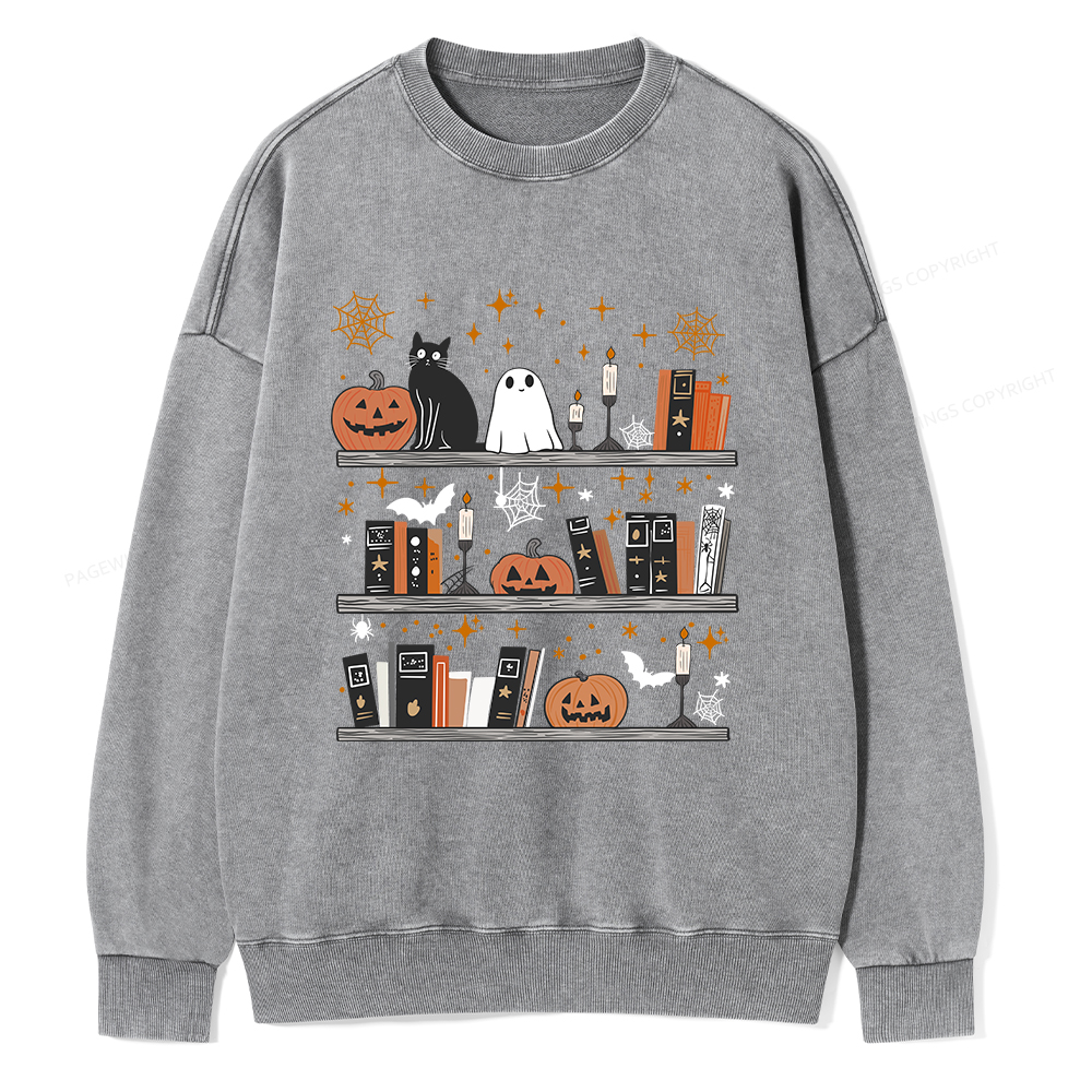 Pagewings Halloween Book Shelf Summerween Unisex Washed Sweatshirt