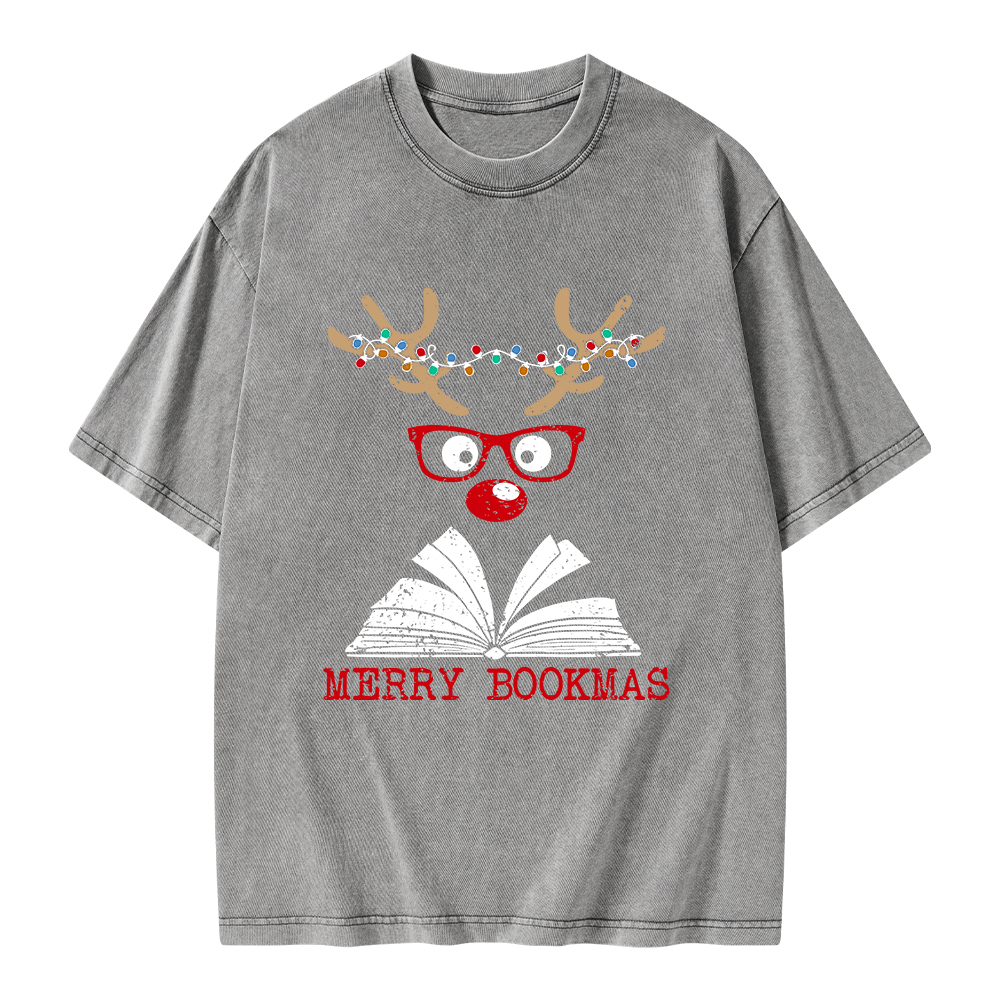 Pagewings Christmas Reindeer Reading Unisex Washed T-shirt