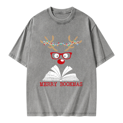 Pagewings Christmas Reindeer Reading Unisex Washed T-shirt