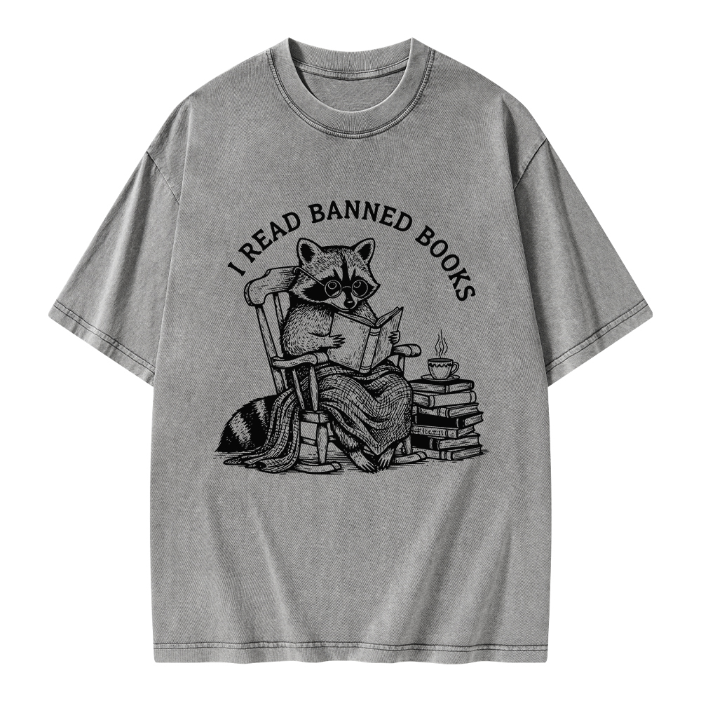 Pagewings I Read Banned Books Raccoon Reading Unisex Washed T-shirt