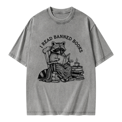 Pagewings I Read Banned Books Raccoon Reading Unisex Washed T-shirt