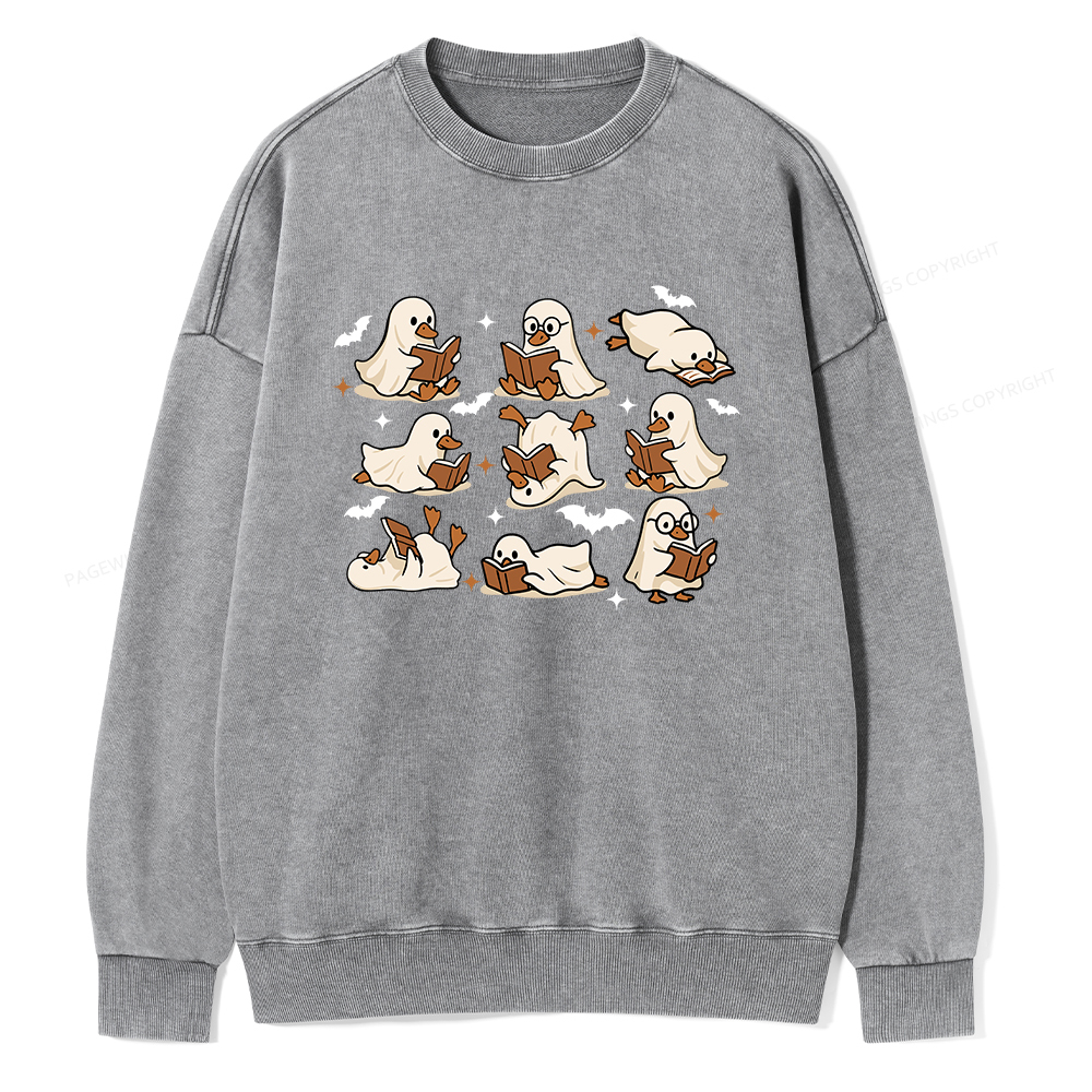 Pagewings Ghost Duck Reading Books Unisex Washed Sweatshirt