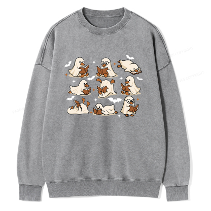 Pagewings Ghost Duck Reading Books Unisex Washed Sweatshirt
