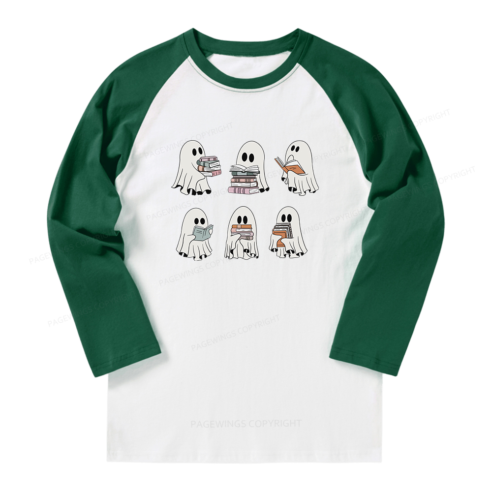 Pagewings Ghost Reading Halloween Long Sleeve Raglan T-shirt