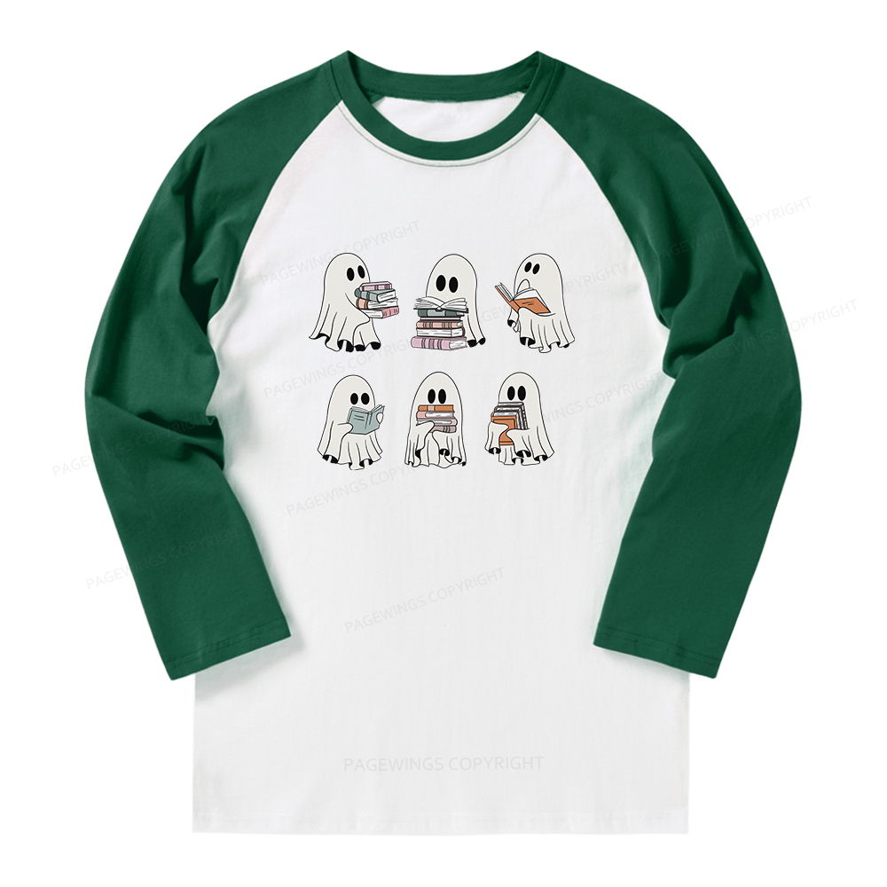Pagewings Ghost Reading Halloween Long Sleeve Raglan T-shirt