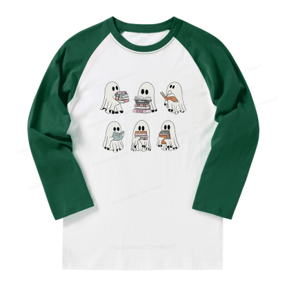 Pagewings Ghost Reading Halloween Long Sleeve Raglan T-shirt