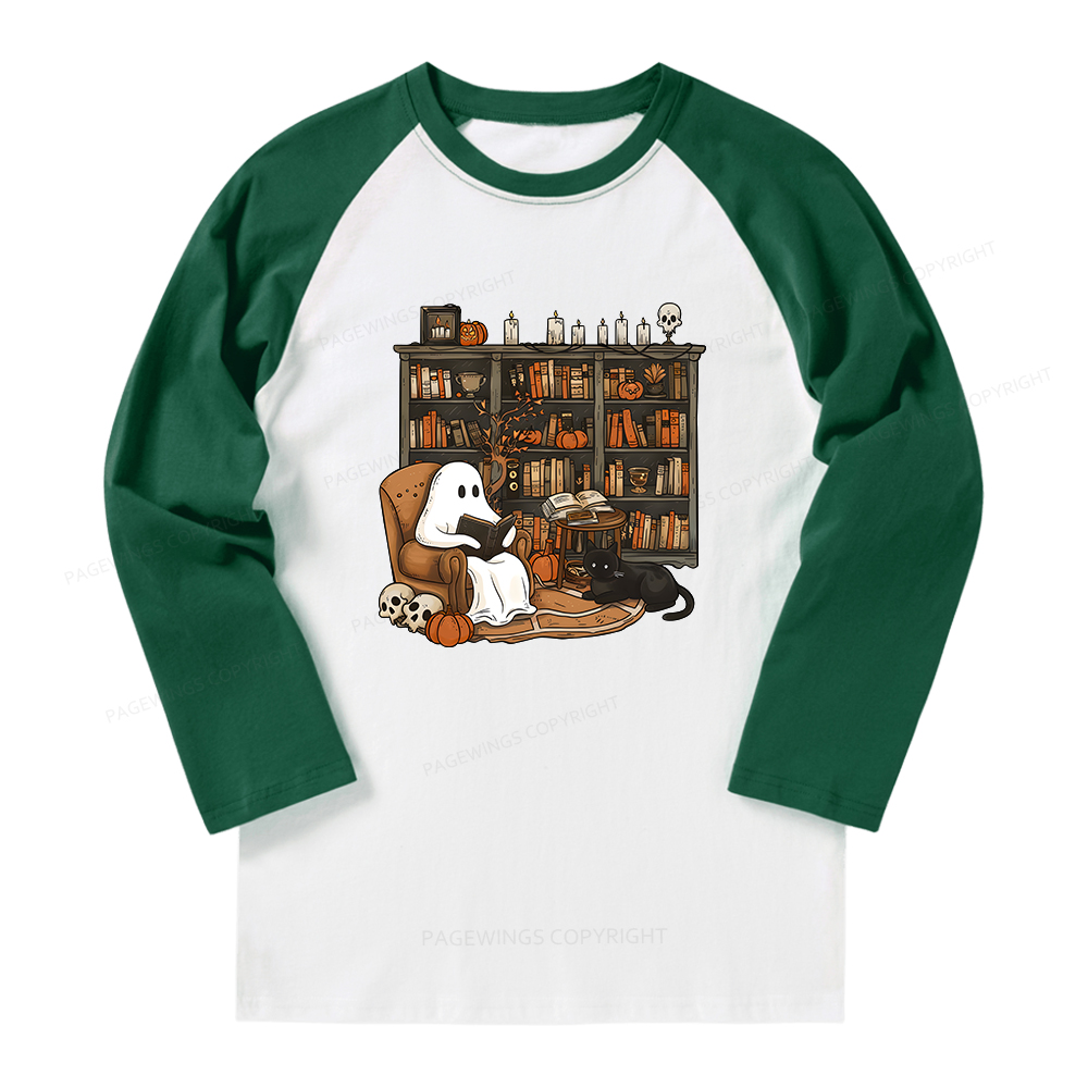 Pagewings Halloween Ghost Reading Books Long Sleeve Raglan T-shirt