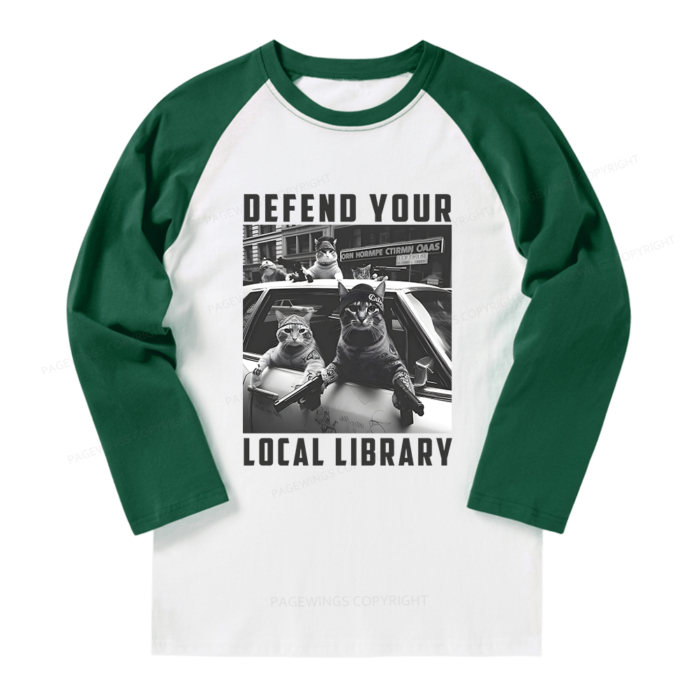 Pagewings Defend Your Local Library Long Sleeve Raglan T-shirt