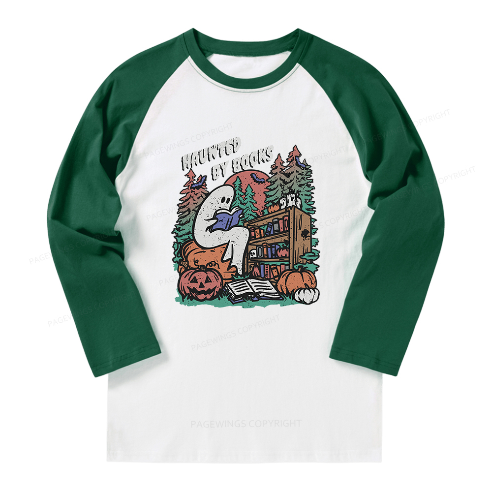 Pagewings Ghost Reading Book Halloween Long Sleeve Raglan T-shirt