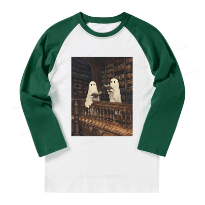 Pagewings Halloween Ghost Reading Long Sleeve Raglan T-shirt