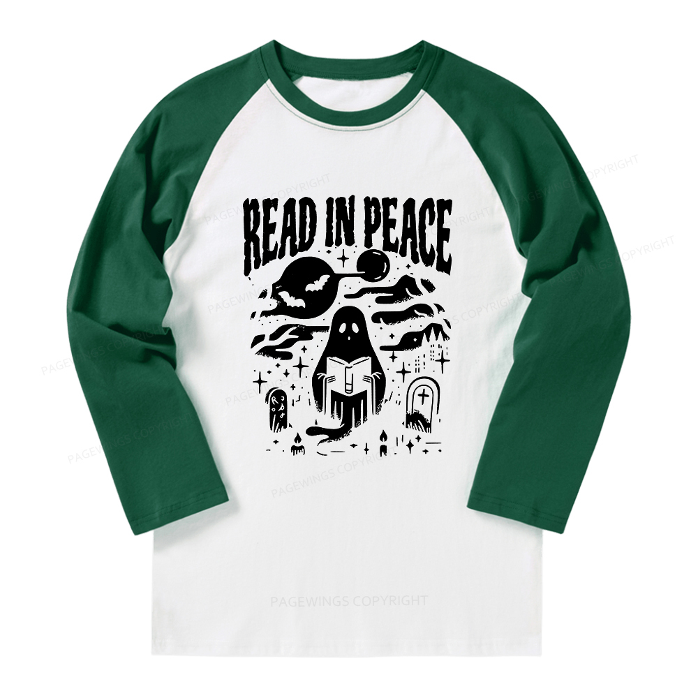 Pagewings Halloween Read In Peace Ghost Reading Long Sleeve Raglan T-shirt