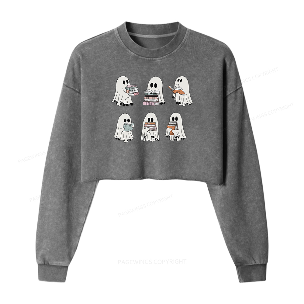 Pagewings Ghost Reading Halloween Women Washed Crop Sweatshirt
