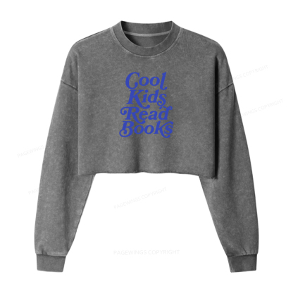 Pagewings Cool Kids Read Books Women Washed Crop Sweatshirt
