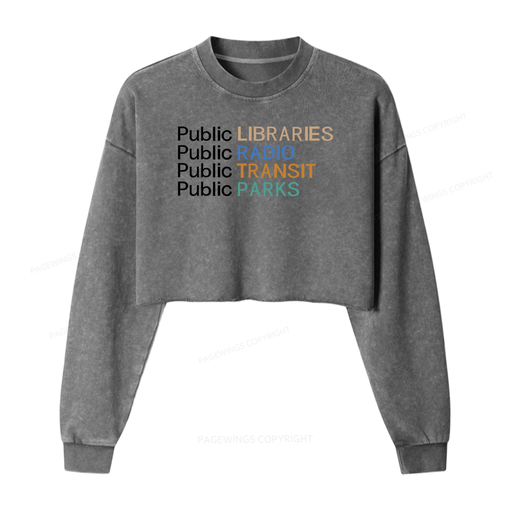 Pagewings Public Libraries Radio Transit Parks Women Washed Crop Sweatshirt
