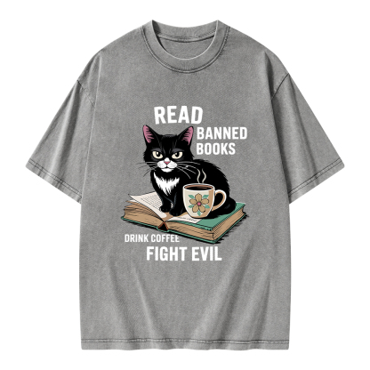 Pagewings Read Banned Books Drink Coffee Fight Evil Unisex Washed T-shirt