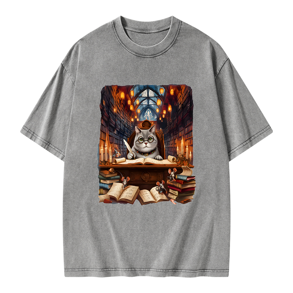 Pagewings Cat Books Unisex Washed T-shirt
