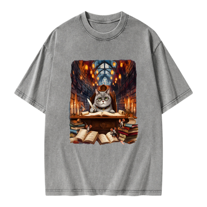 Pagewings Cat Books Unisex Washed T-shirt