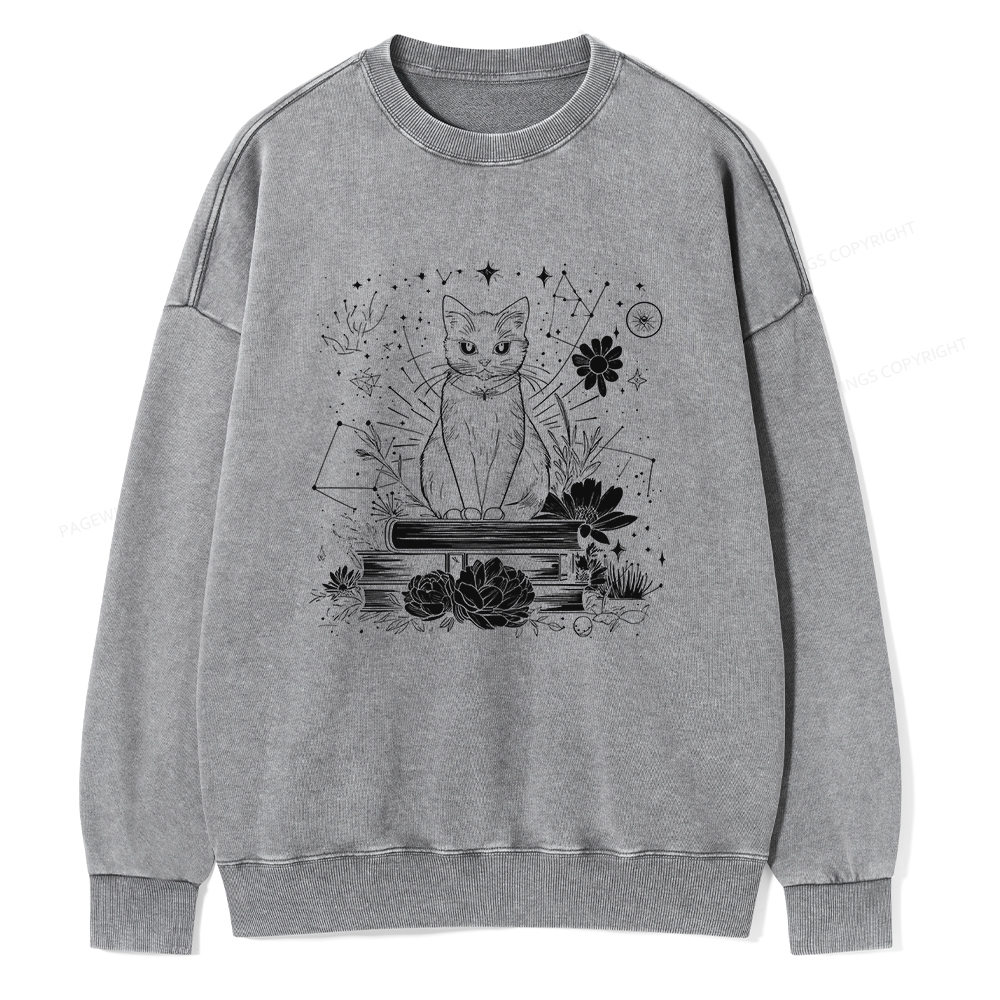 Pagewings Black Cat Book Lover Unisex Washed Sweatshirt