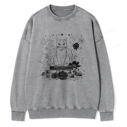 Pagewings Black Cat Book Lover Unisex Washed Sweatshirt