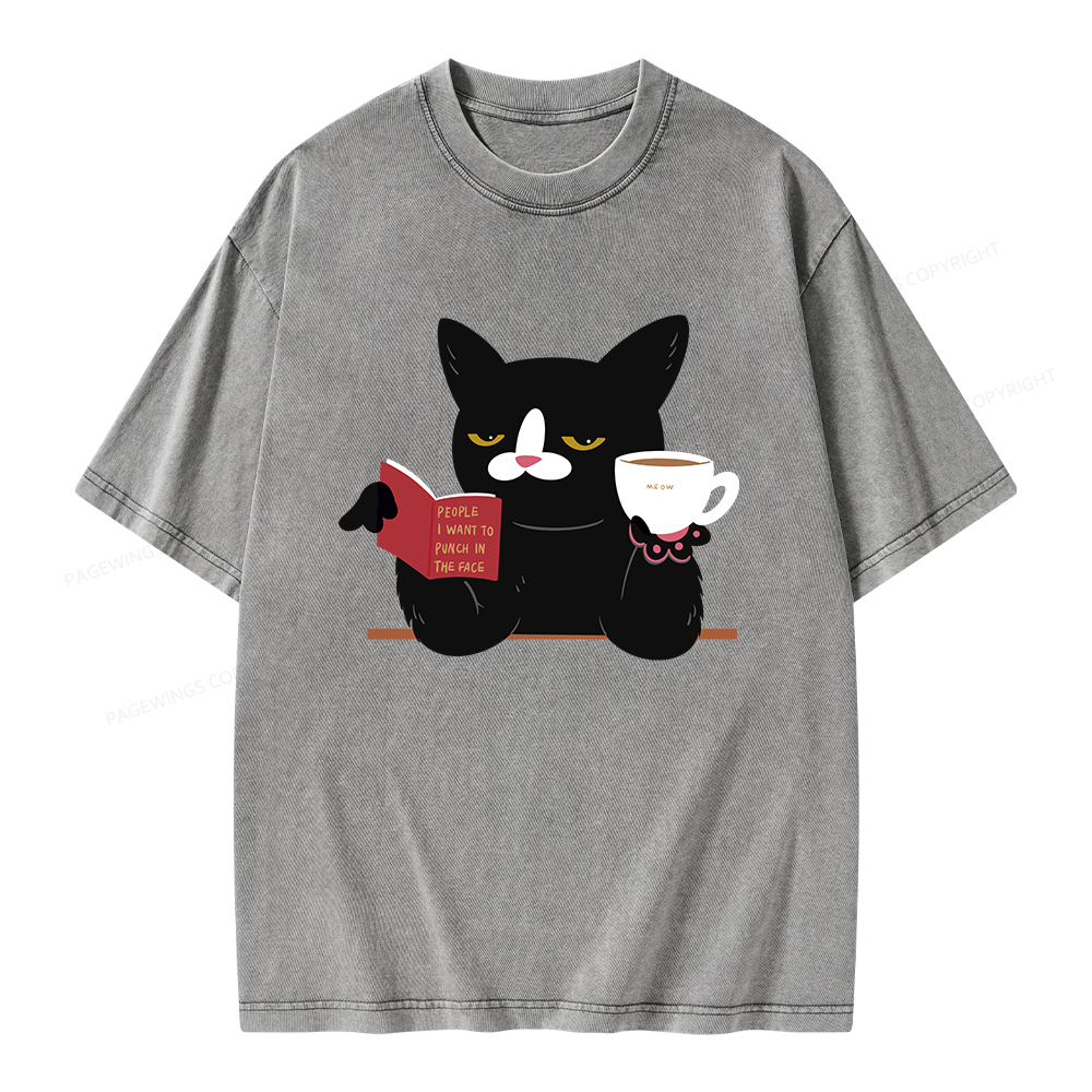 Pagewings A Cat Reading A Book While Drinking Coffee Unisex Washed T-shirt