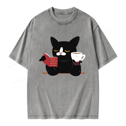 Pagewings A Cat Reading A Book While Drinking Coffee Unisex Washed T-shirt