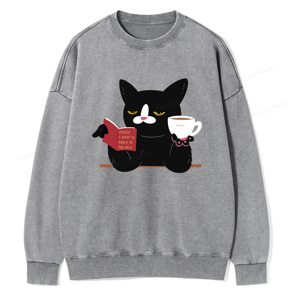 Pagewings A Cat Reading A Book While Drinking Coffee  Unisex Washed Sweatshirt
