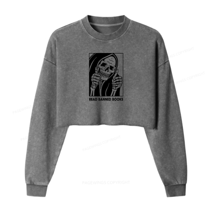 Pagewings Read Banned Books Women Washed Crop Sweatshirt