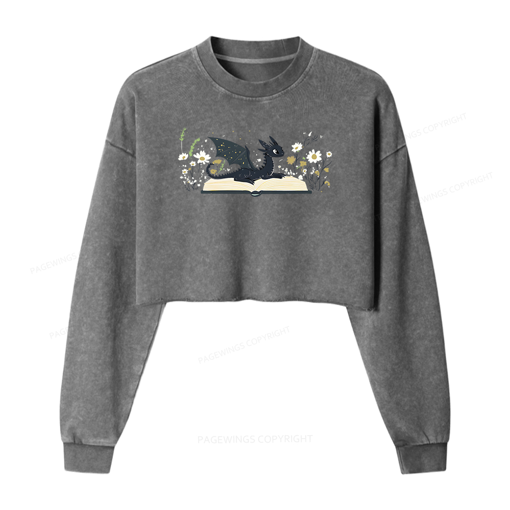 Pagewings Dragon Book Women Washed Crop Sweatshirt