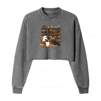 Pagewings Halloween Ghost Reading Books Women Washed Crop Sweatshirt