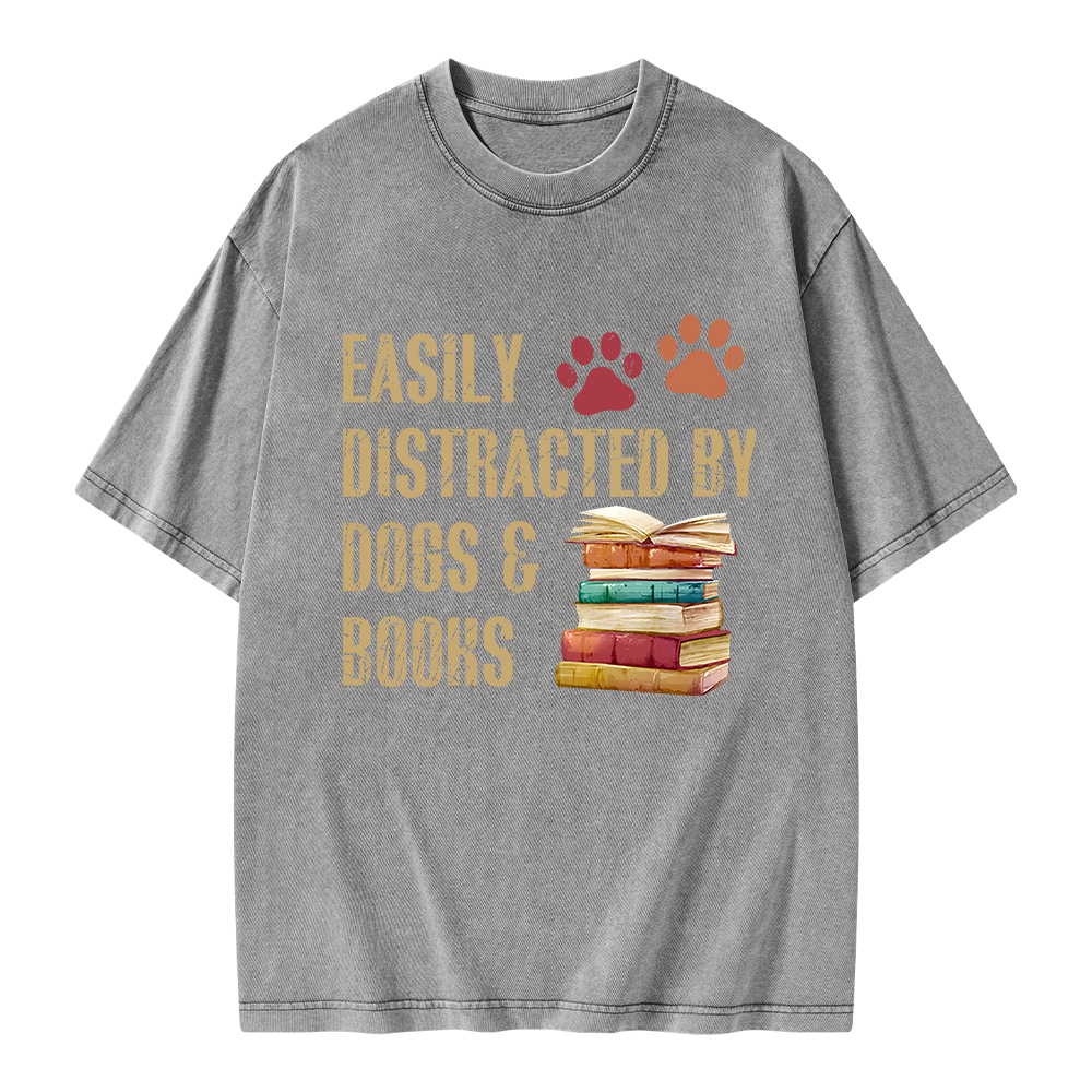 Pagewing Easily Distracted By Dogs And Books Unisex Washed T-shirt
