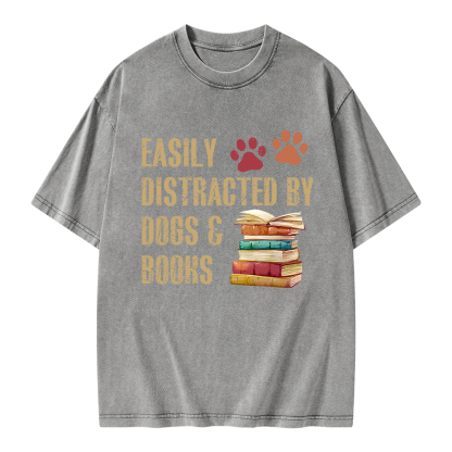 Pagewing Easily Distracted By Dogs And Books Unisex Washed T-shirt