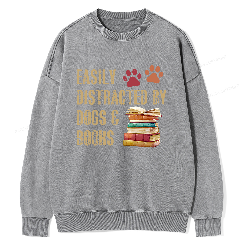 Pagewing Easily Distracted By Dogs And Books Unisex Washed Sweatshirt