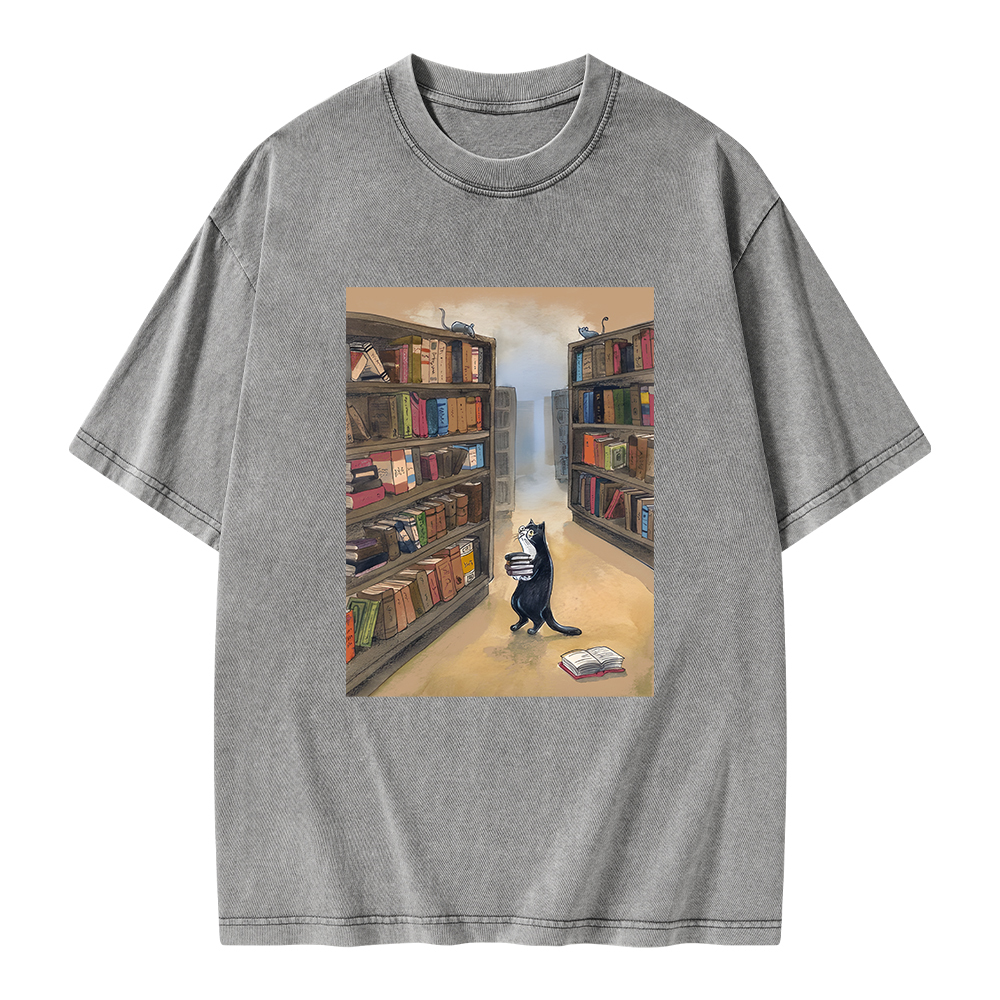 Pagewings Cat Lost In The Library Unisex Washed T-shirt