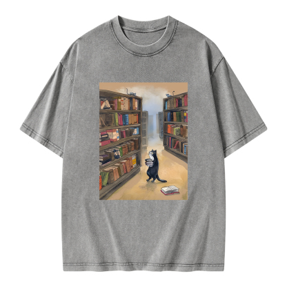 Pagewings Cat Lost In The Library Unisex Washed T-shirt