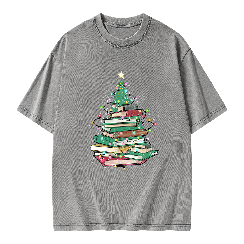 Pagewings Christmas Book Tree Unisex Washed T-shirt