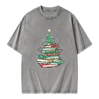 Pagewings Christmas Book Tree Unisex Washed T-shirt