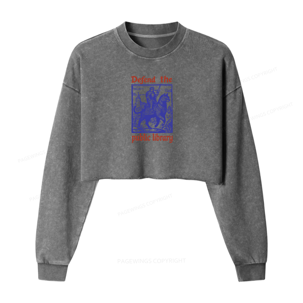 Pagewings Defend the Public Library Women Washed Crop Sweatshirt