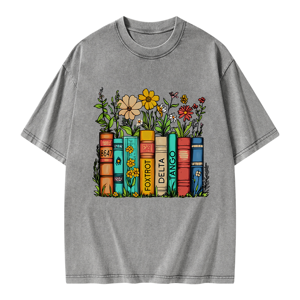 Pagewings Flowers and Books Unisex Washed T-shirt