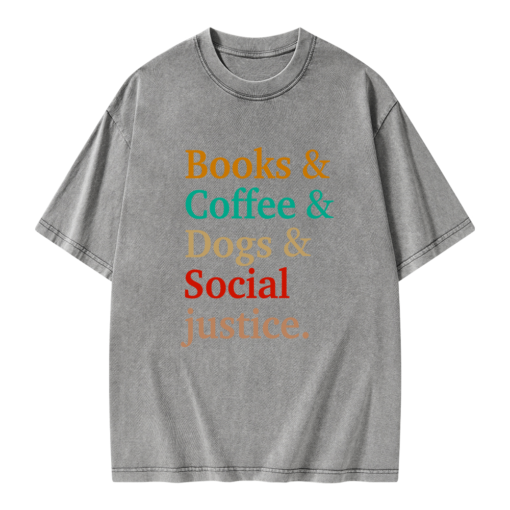 Pagewings Books And Coffee And Dogs And Social Justice Unisex Washed T-shirt