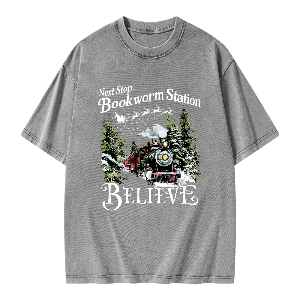 Pagewings Next Stop Bookworm Station Believe Unisex Washed T-shirt