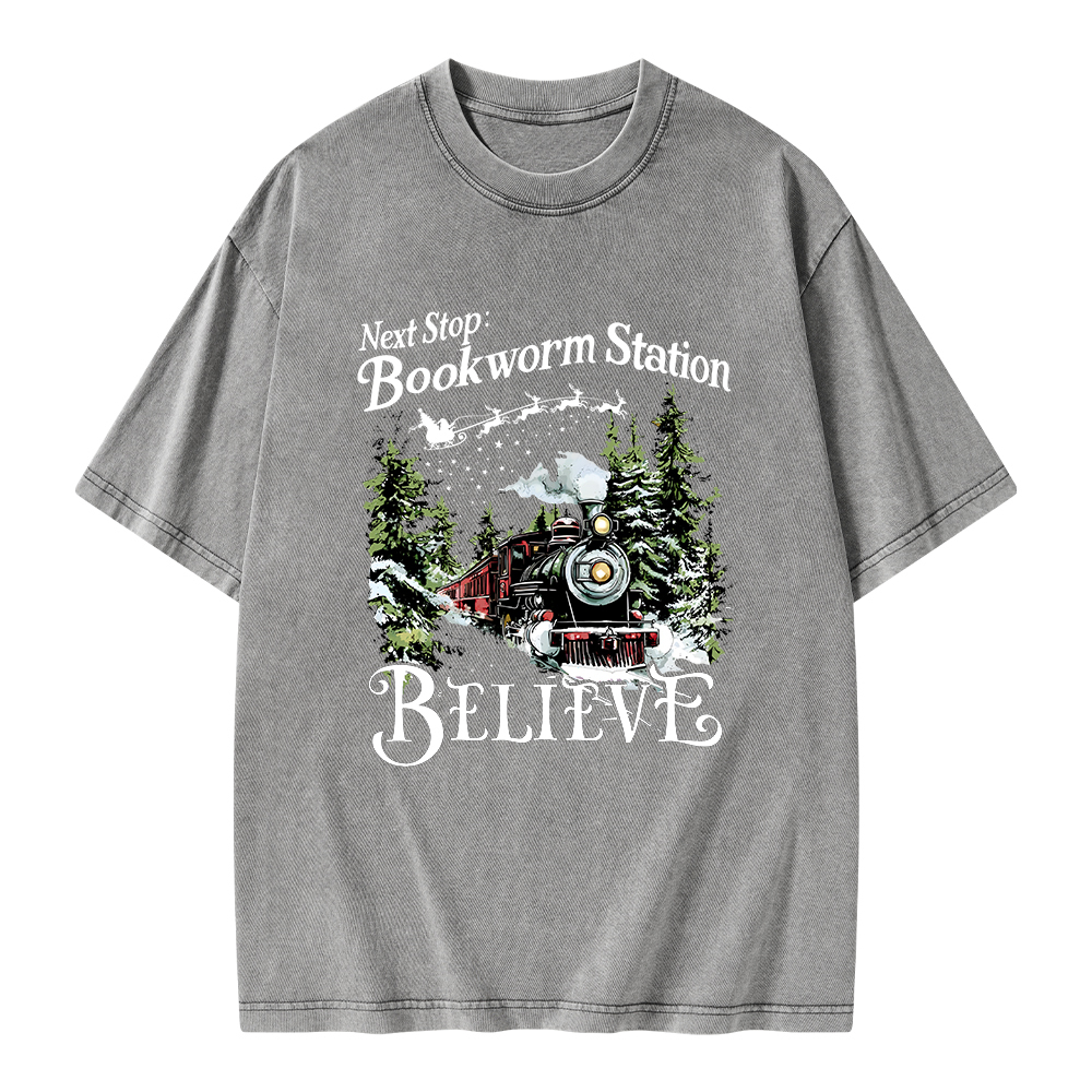 Pagewings Next Stop Bookworm Station Believe Unisex Washed T-shirt