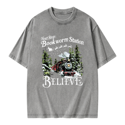 Pagewings Next Stop Bookworm Station Believe Unisex Washed T-shirt