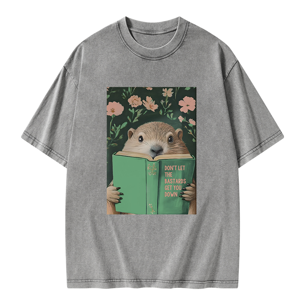 Pagewings Groundhog Reading Motivational Book Unisex Washed T-shirt