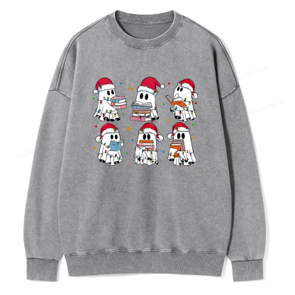 Pagewings Christmas Book Ghost Unisex Washed Sweatshirt