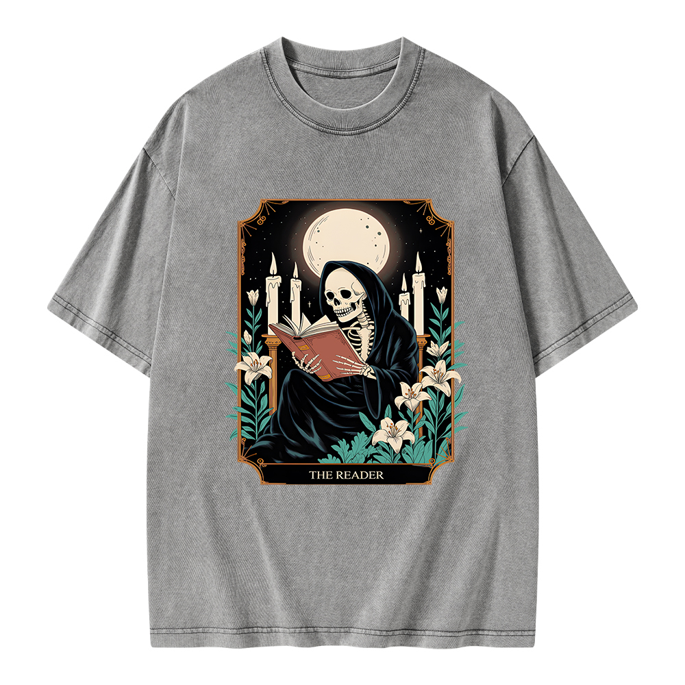 Pagewings The Reader Skeleton Tarot Card Unisex Washed T-shirt
