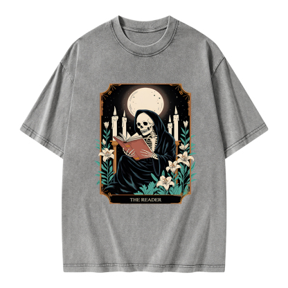 Pagewings The Reader Skeleton Tarot Card Unisex Washed T-shirt