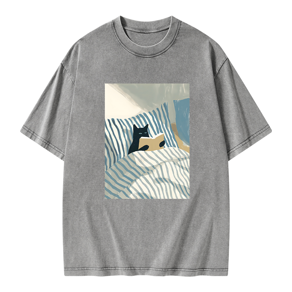 Pagewings Cat Reading Unisex Washed T-shirt